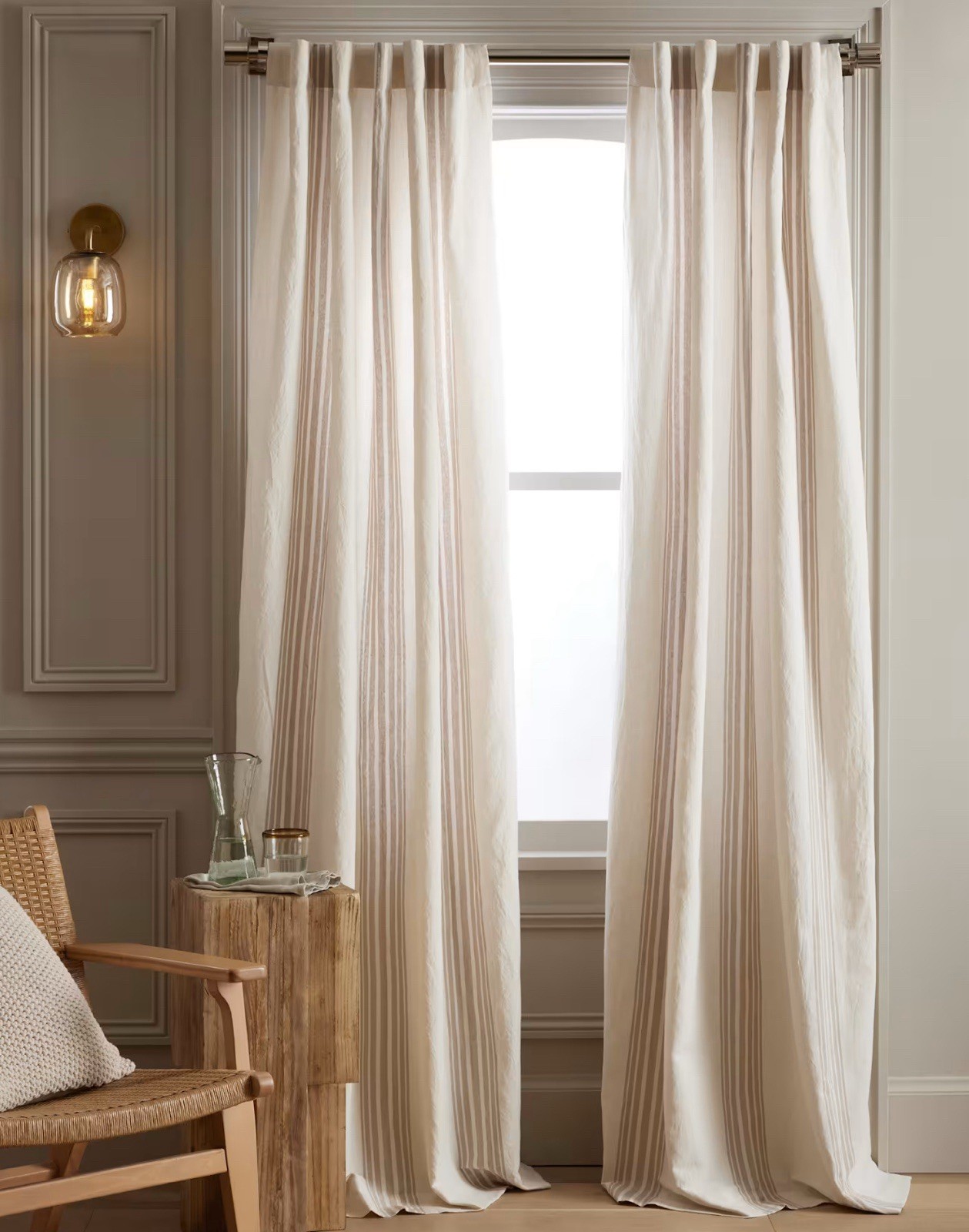 Quince Ivory/Natural Light Filtering Coastal Stripe Curtain Panel 48 x 84 Lined