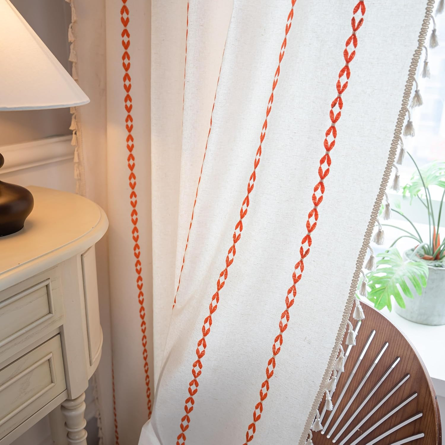 Orange Boho Curtains for Bedroom Living Room 84 Inches Long, Striped Embroidery