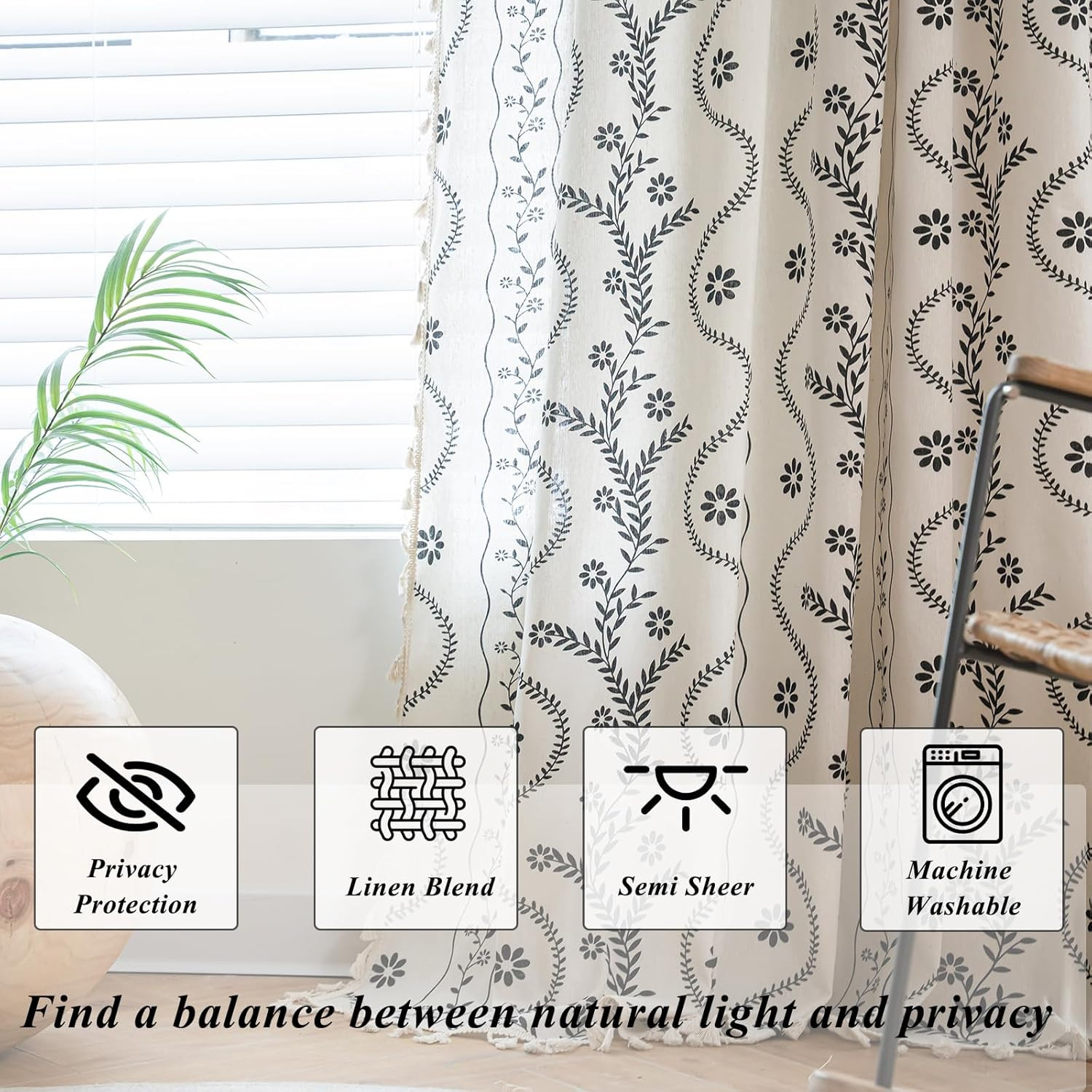 Boho Linen Curtains for Living Room 96 Inch Length Black Patterned Curtains Farm