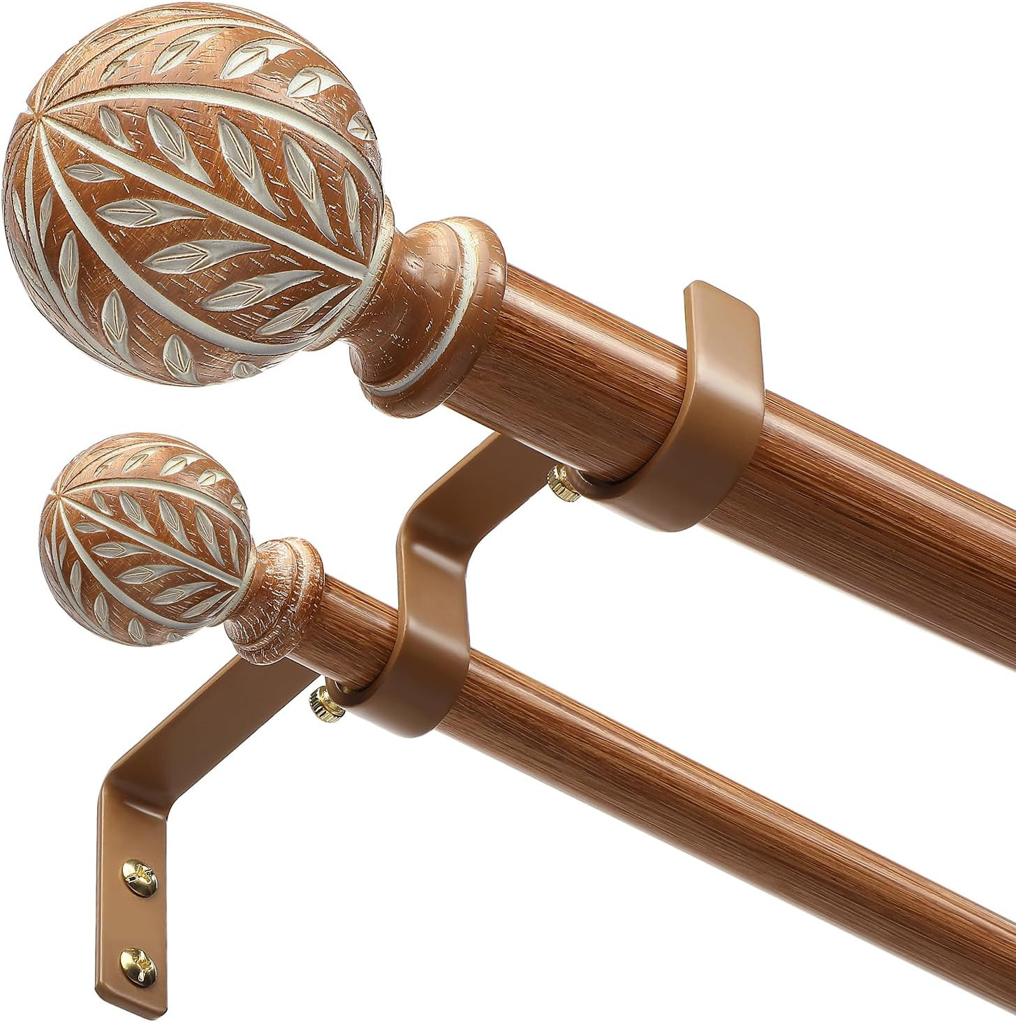 Wood Double Curtain Rods 36-153 Inch, Decorative Boho Extra Long Dual Curtain Ro