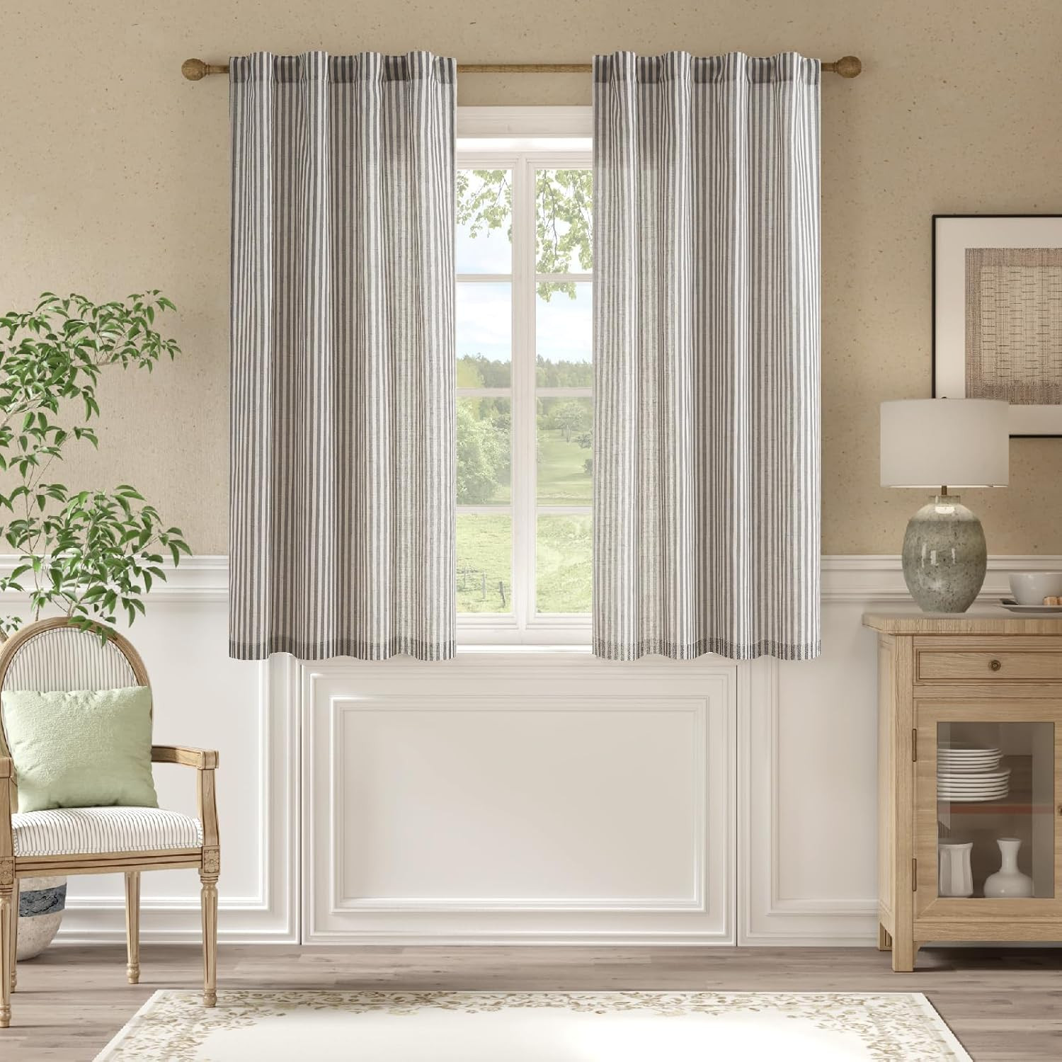 jinchan Linen Curtains Charcoal Grey on Beige Striped Curtains for Living Room B