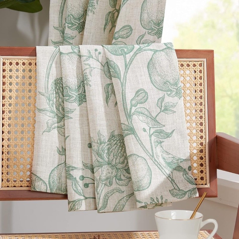 Light Filtering Linen Blend Curtains Pomegranate Print Rod Pocket Panels New