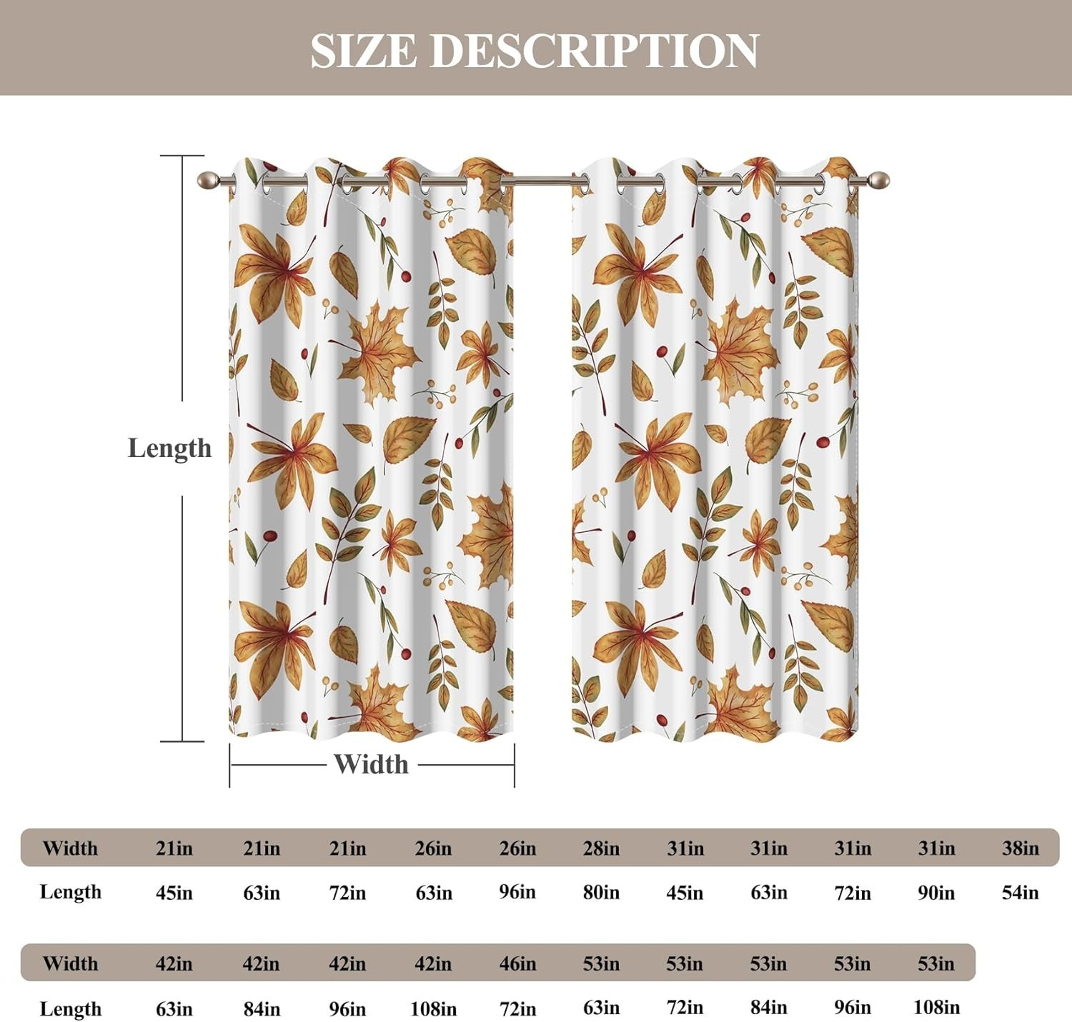 Autumn Forest Blackout Curtains Fall Brown Maple Leaves Window Drapes 21Wx45H