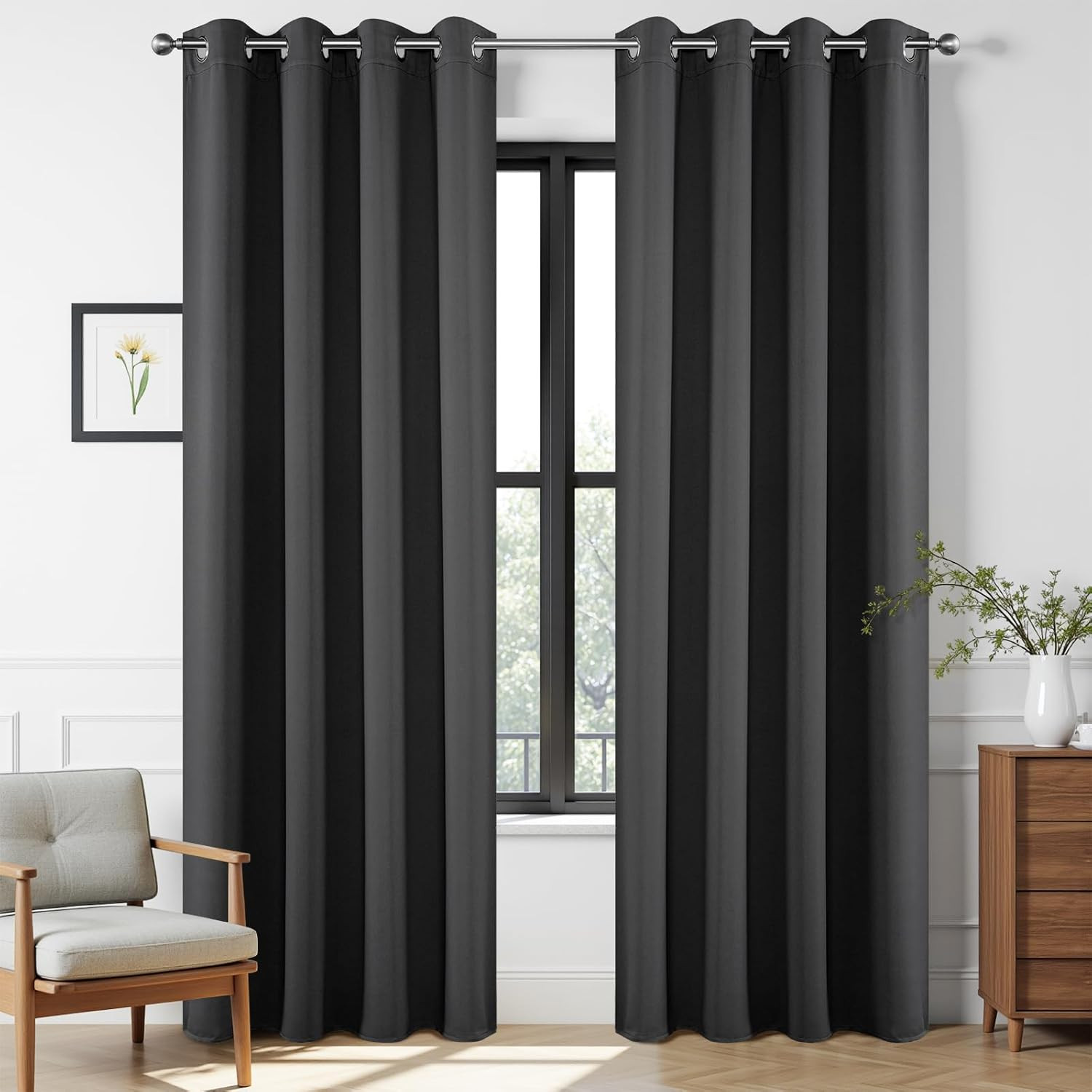 2 Panel Blackout Curtains 52×72 Dark Grey Thermal Insulated Grommet Drapes
