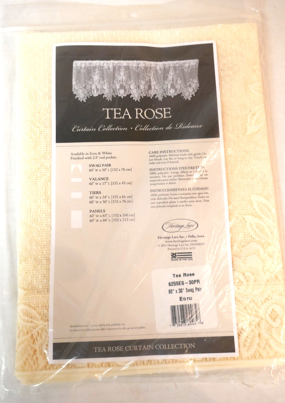 New In Package! Heritage Lace «Tea Rose» Pattern 60″ X 30″ Swag Pair-Ecru Color
