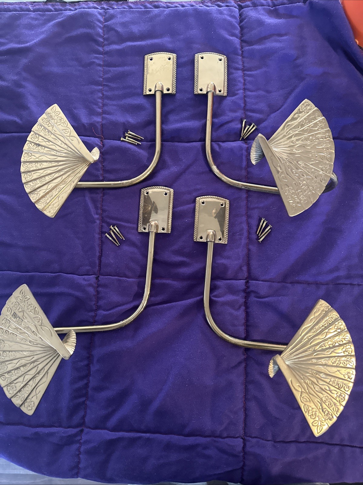 Vintage Lot Of 4 Solid Brass Fan Decorative Curtain Tie Backs Wall Mount,screws