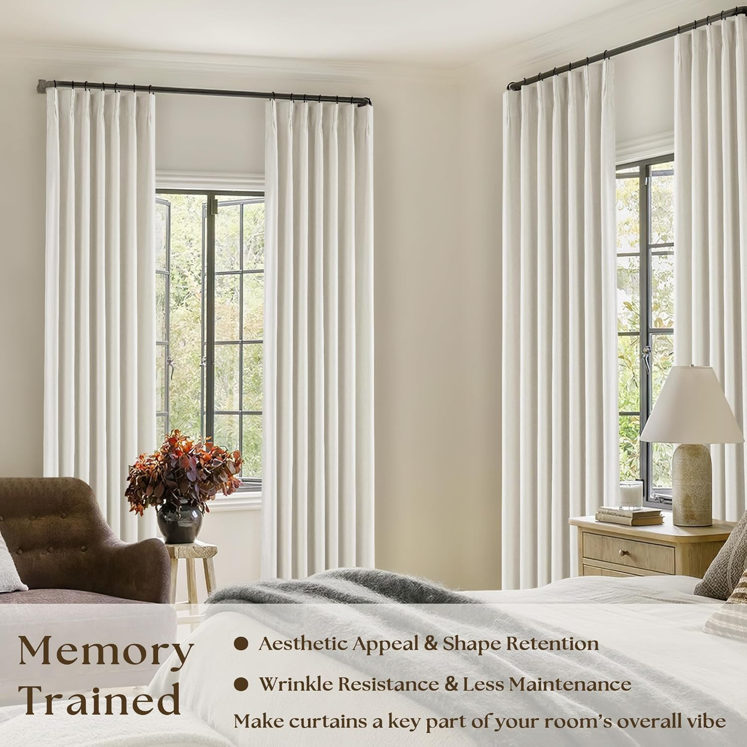 Cream Natural Linen Pinch Pleat Blackout Curtains 80″ – 2 Panels