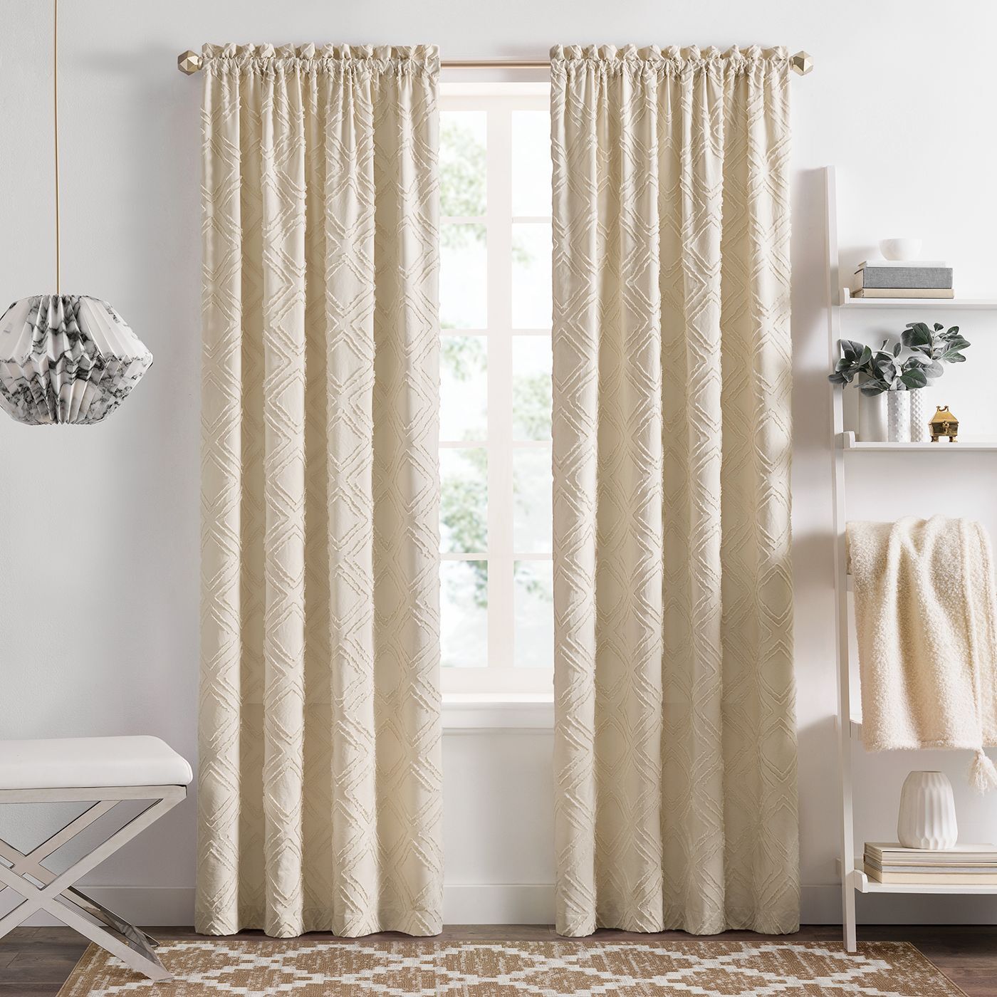 Modern Geometric Diamond Clipped Window Curtain Panels, Rod Pocket, Tan