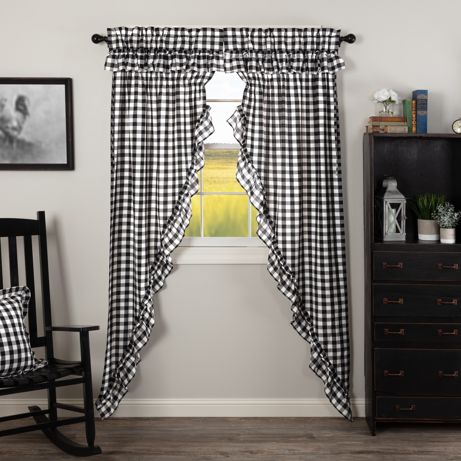 Annie Buffalo Farmhouse Black Check Ruffle Prairie Panel Set 84x36x18 VHC Brands