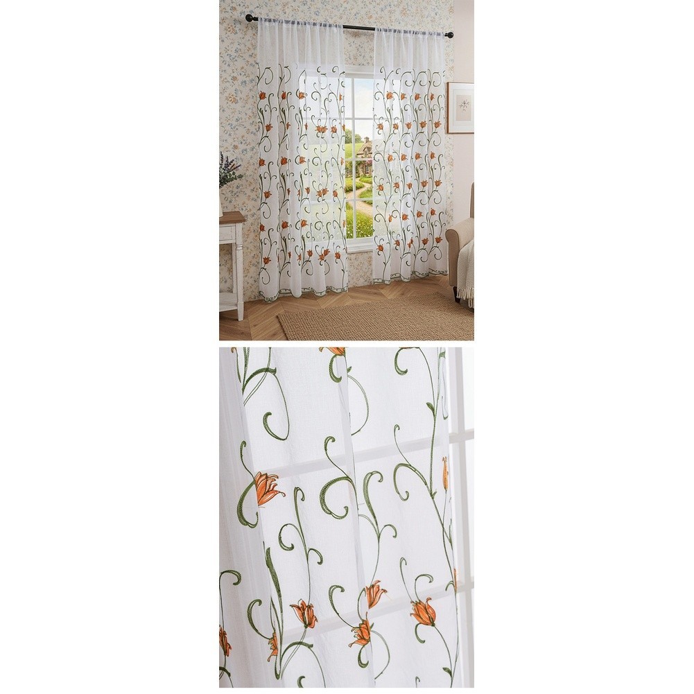 Floral Embroidery Sheer Curtains for Living Room Bedroom Balcony 100x220cm