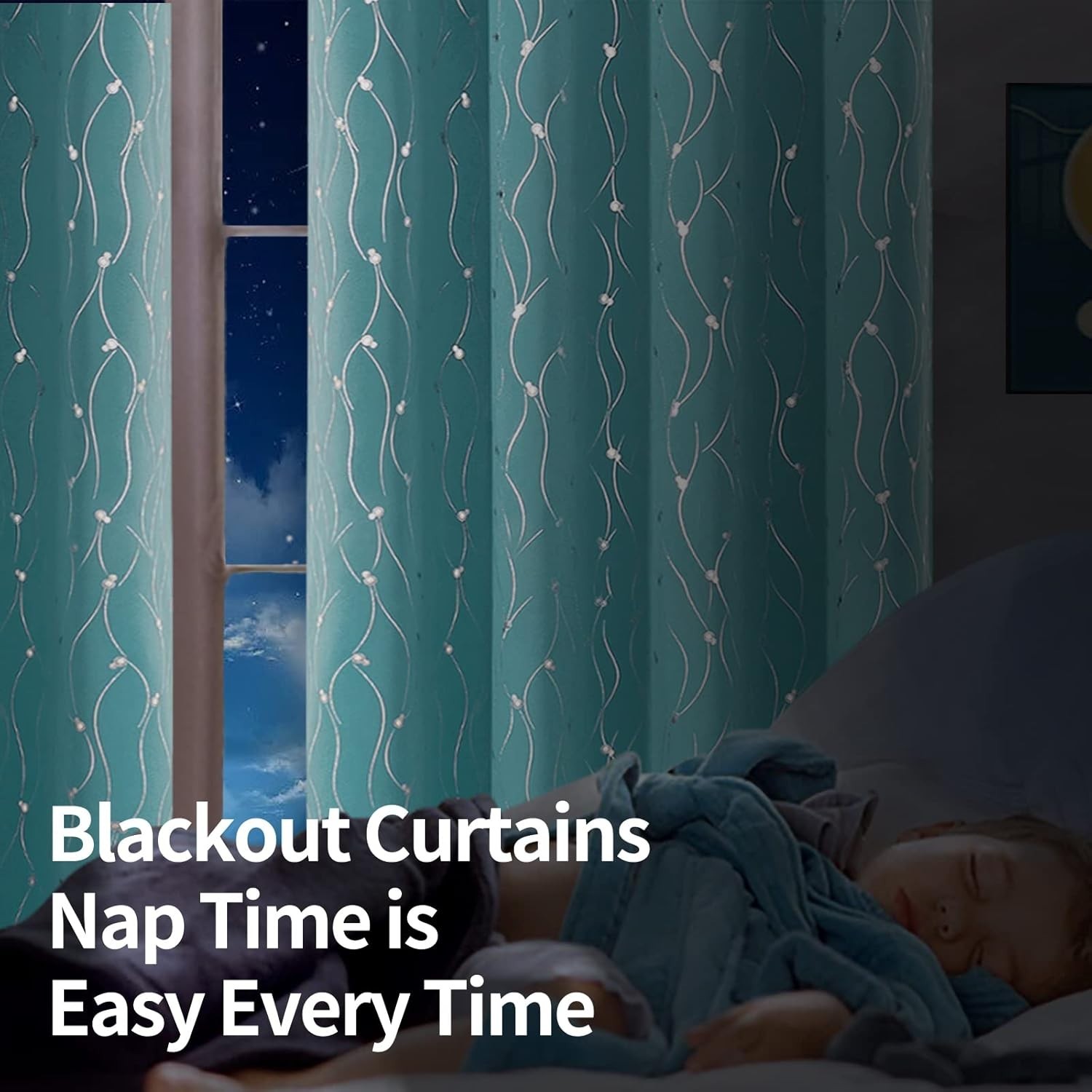 Luxurious Wave Line & Dots Blackout Drapes – 52 x 72 Inch Panels in Aqua