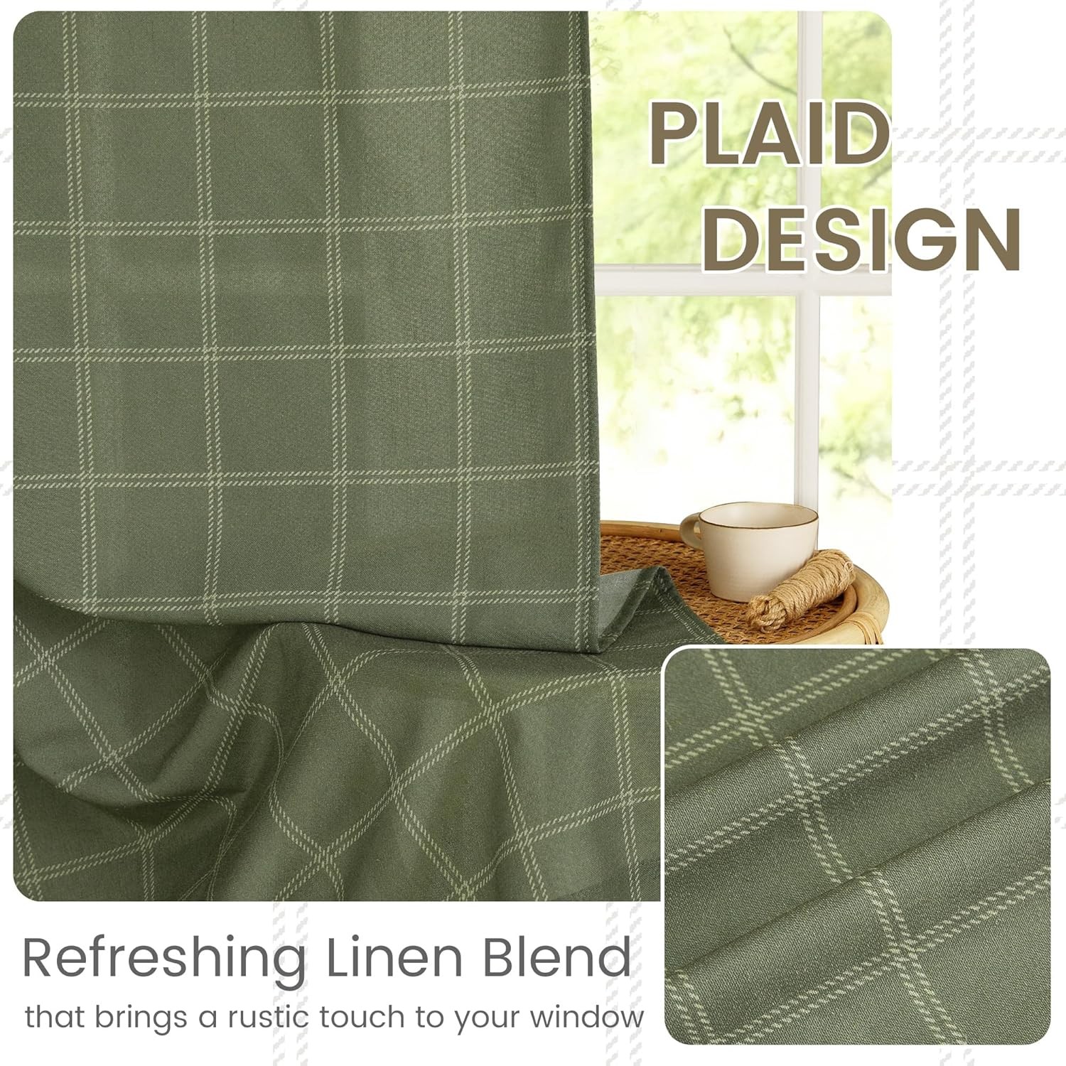 2 Panels 52 X 84 Inch Long Linen Plaid Curtains Modern Window Panels Moss Green