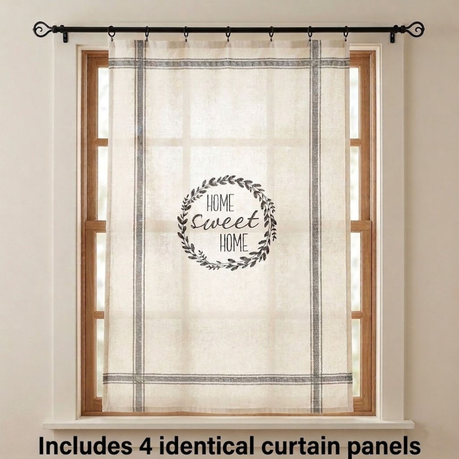 Farmhouse Country Curtains Set of 4 HOME SWEET HOME Half Curtain Panels Muslin