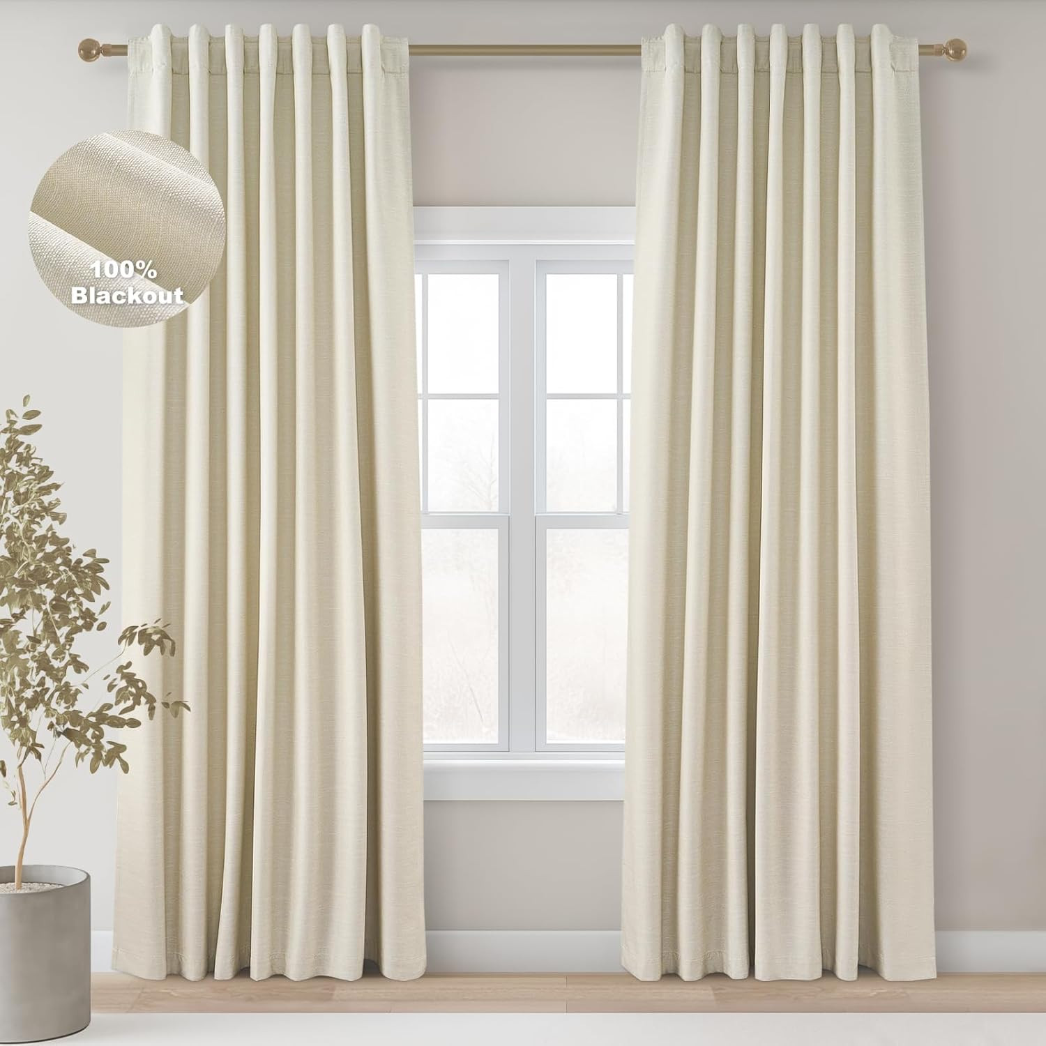105 Inches Long Custom Black Out Thick Linen Drapery Panels, Cream White Pinch P