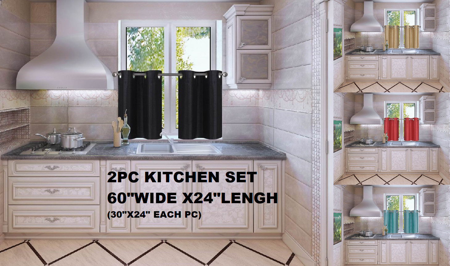 1 Set (D2) Faux Silk Kitchen Window Grommet Insulated Blackout Curtain Panels