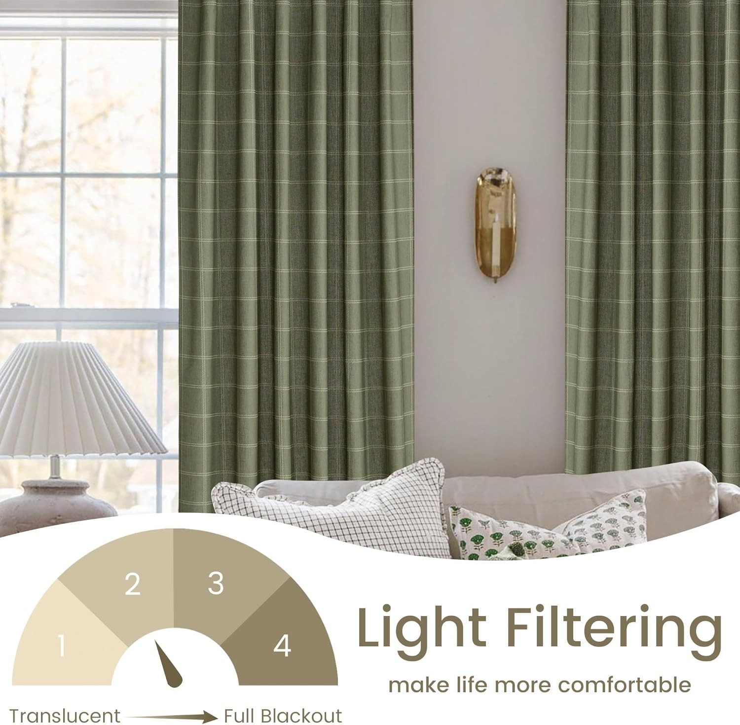 2 Panels 52 X 84 Inch Long Linen Plaid Curtains Modern Window Panels Moss Green