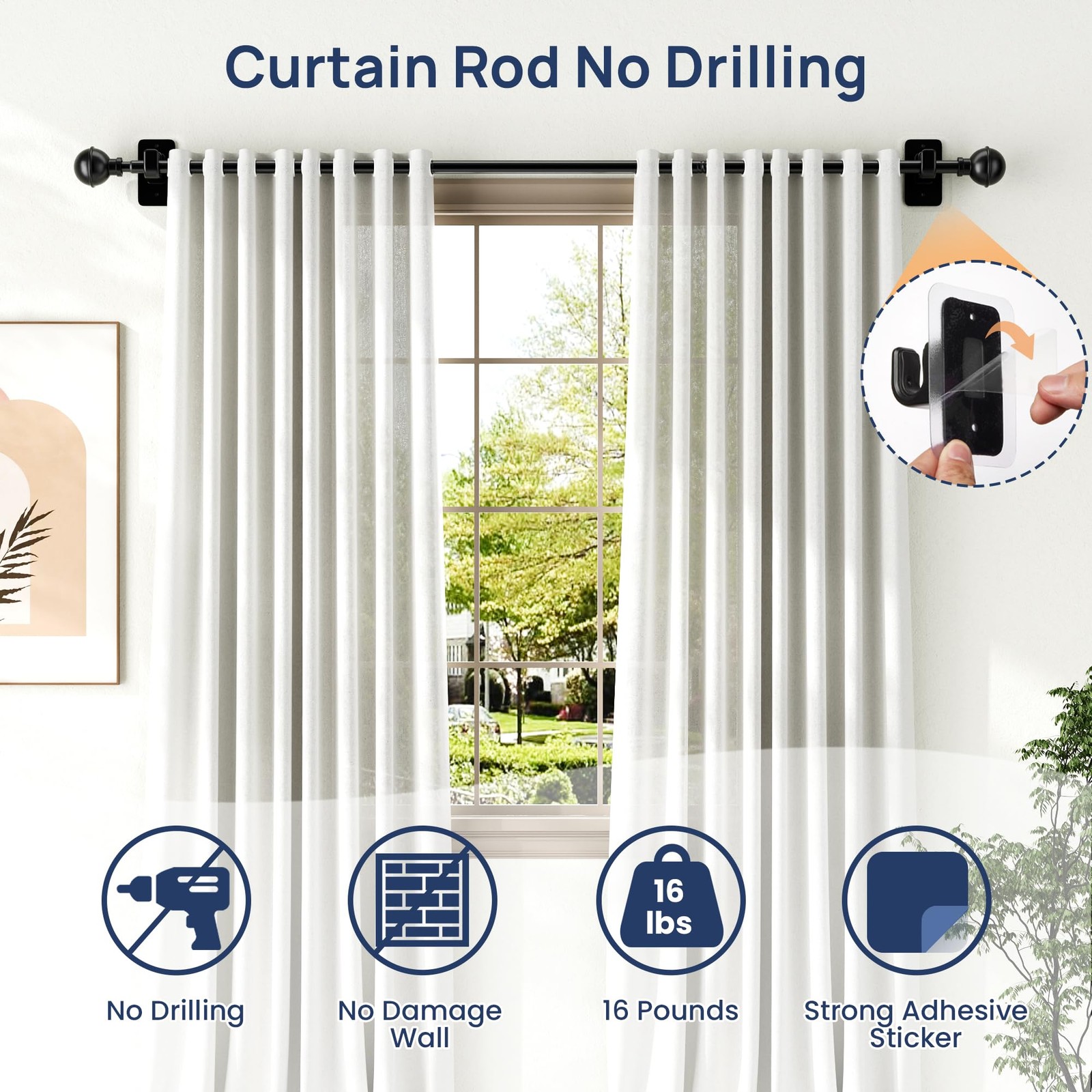 No Drill Curtain Rods for Window 28 to 47 Inches, 5/8 Inch Diameter Renter Fr…