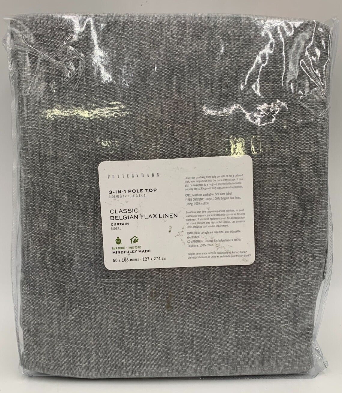 Pottery Barn Belgian Flax Linen Curtain Panel Flagstone Gray 50×108″ #P495
