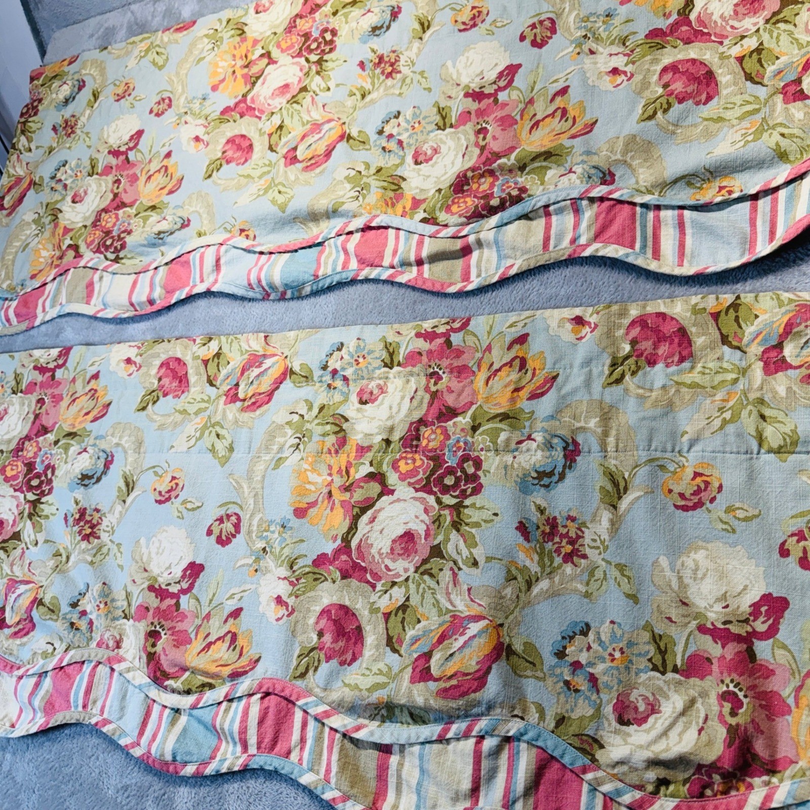 Waverly Floral Scalloped Window Valance Pair Cottagecore Rose Stripe Trim 47×20