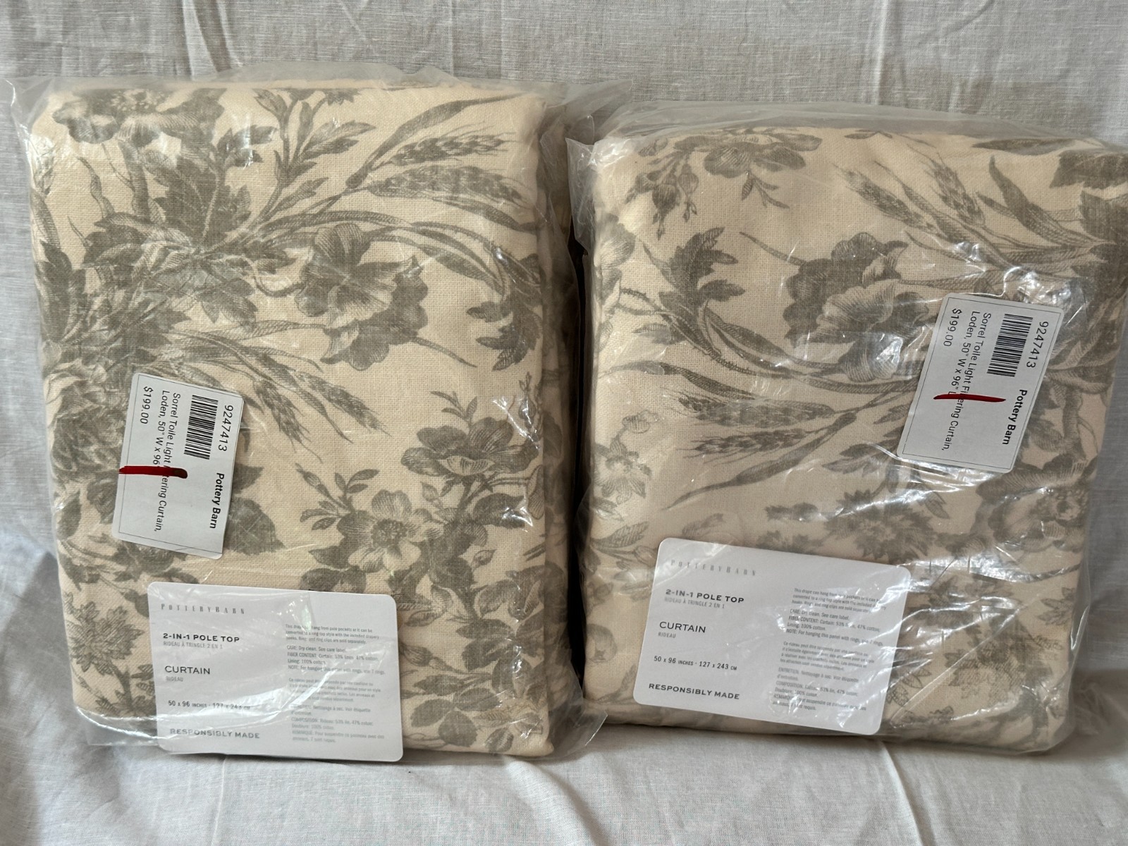 Pottery Barn Set of 2 Sorrel Toile Light Filtering Curtain 50”x96” Loden NEW