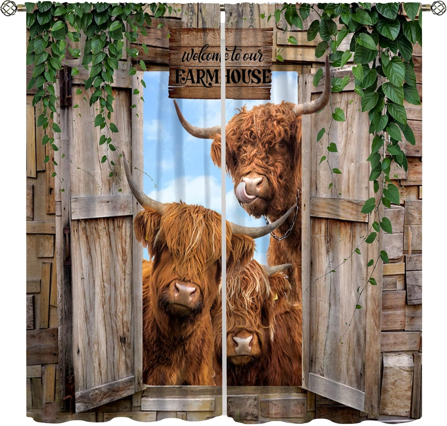 Highland Cow Curtains, Country Farm Animal Window Treatments for Farmhouse Kitch