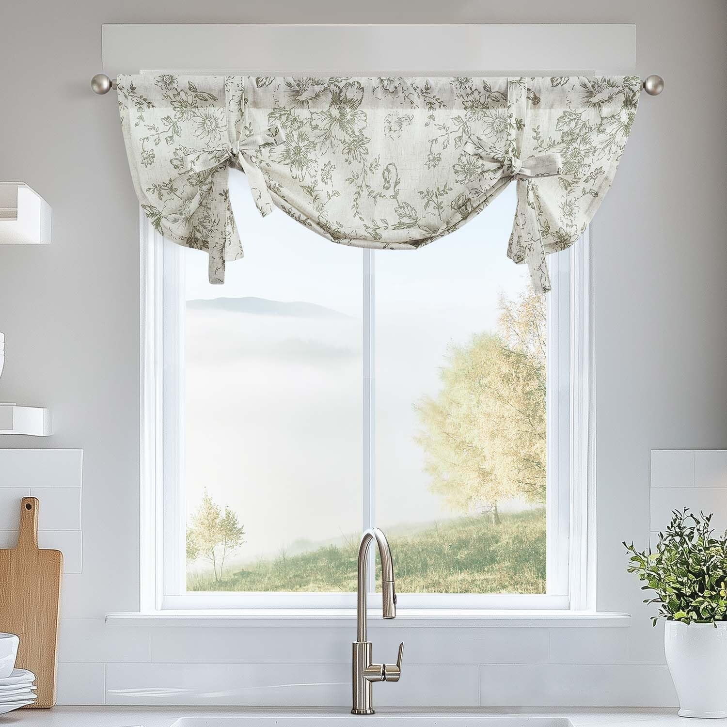 Light Filtering Floral Linen Valance – Elegant Sage Green Window Treatment 24″