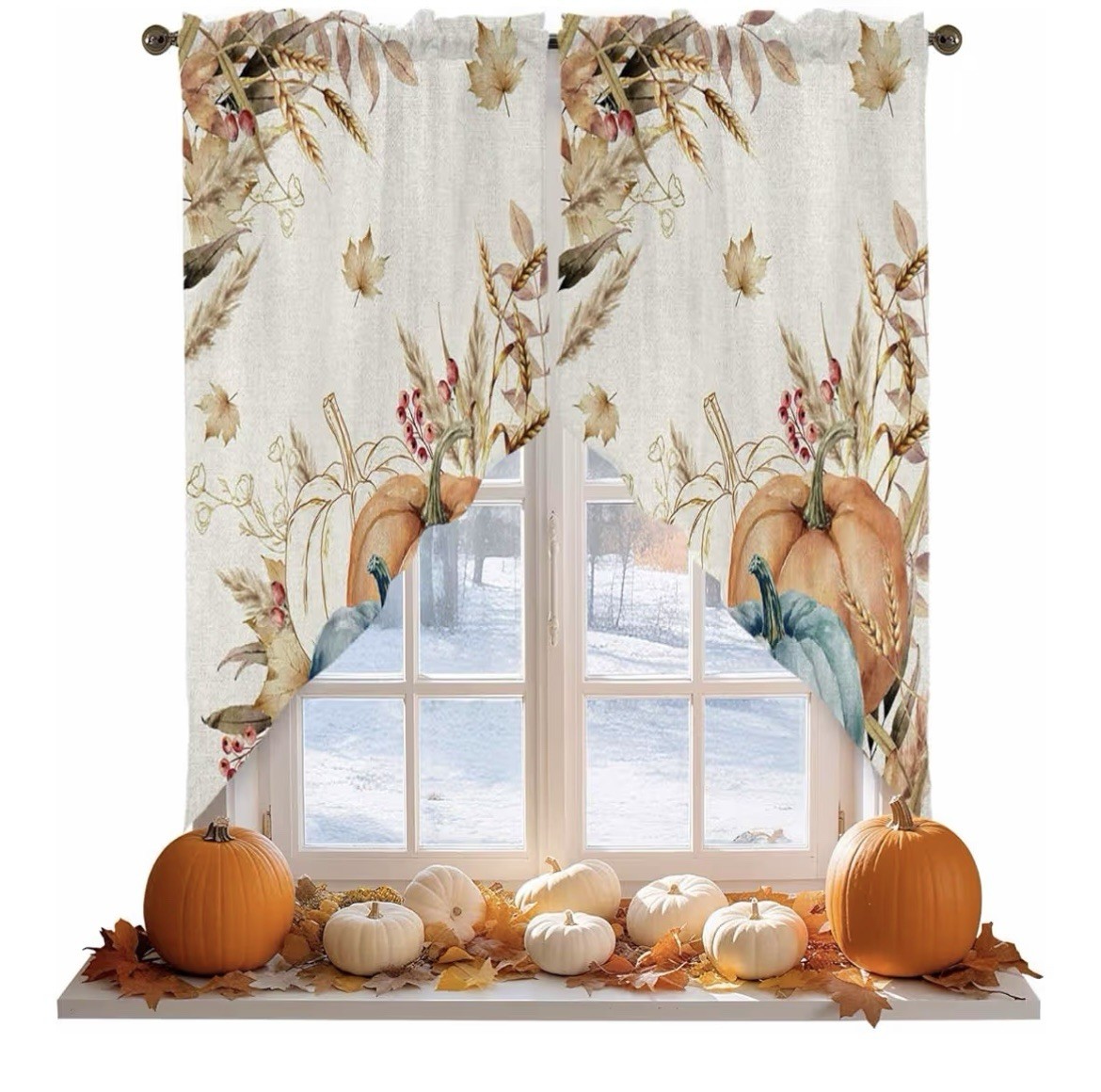 Thanksgiving Swag Curtain,Fall Watercolor Pumpkin Kitchen Valances
