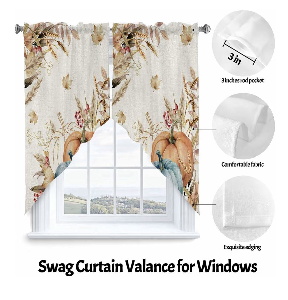 Thanksgiving Swag Curtain,Fall Watercolor Pumpkin Kitchen Valances