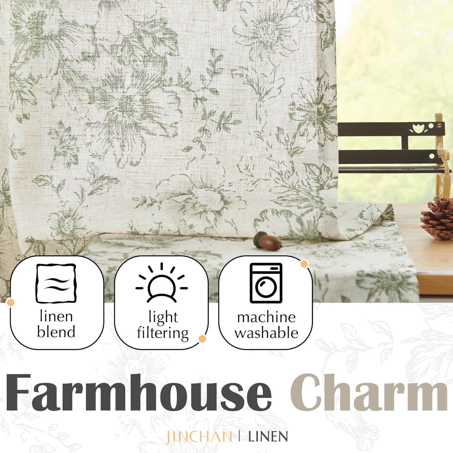Light Filtering Floral Linen Valance – Elegant Sage Green Window Treatment 24″