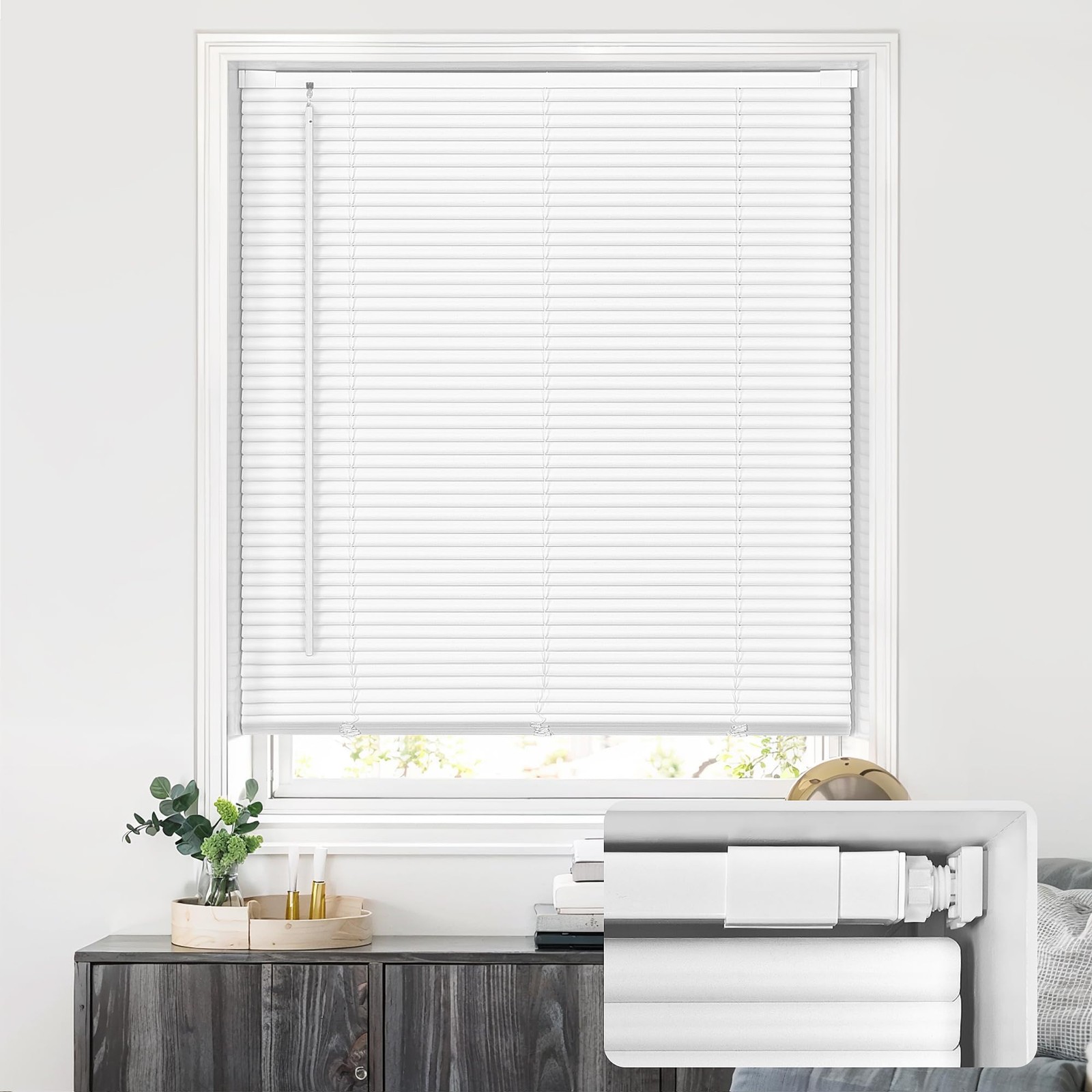 LazBlinds No Tools No Drill Cordless 1″ Vinyl Mini Blinds 35″ W x 64″ H White