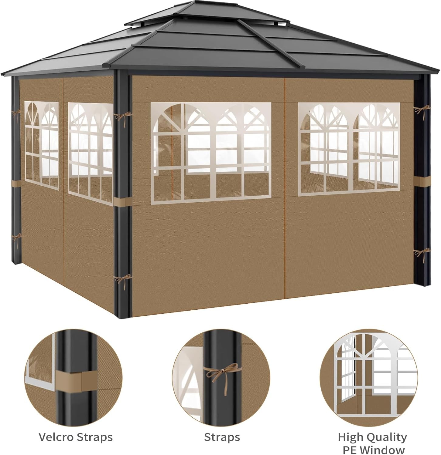 Gazebo Privacy Curtains 10′ X 10′ with PVC Windows, 4-Panels Side Wall with Zipp