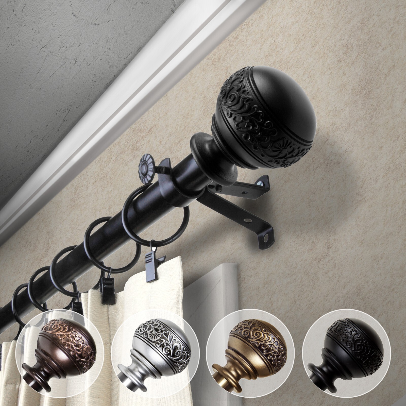 Nadeen 3/4” Adjustable Window Drapery Curtain Rod 18″-170″ (5 sizes, 4 colors)