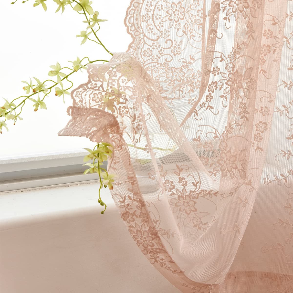 Kotile Blush Lace Curtains 72 Inch Length 2 Panels Set, Embroidery Rustic Vine F