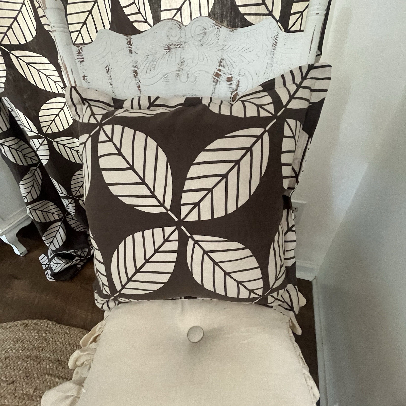Linen Drapes Set 2 Braemore Fabric Leaf Print Curtains 50 x 90 W/ Pillow Brown