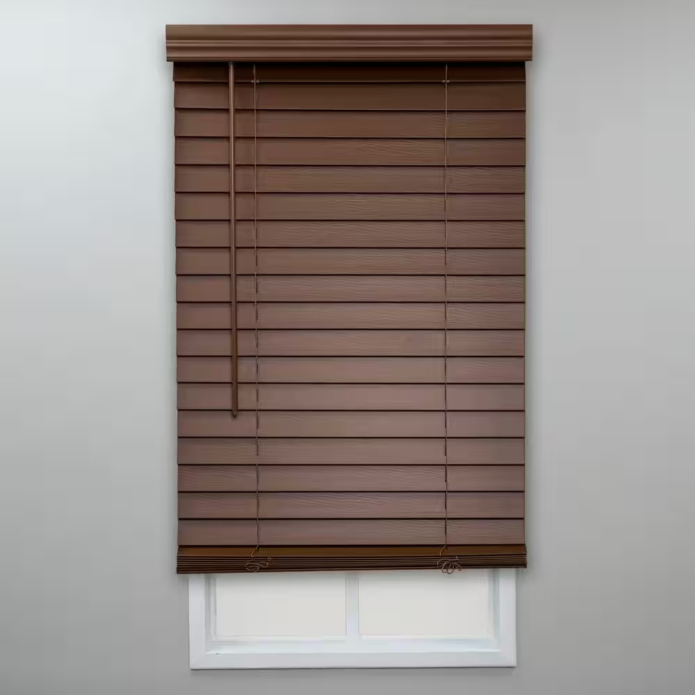 Textured Dark Oak Cordless Room Darkening Faux Wood Blinds with 2 In. Slats – 35
