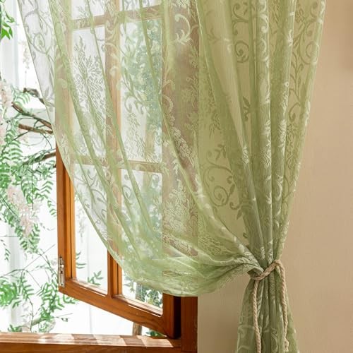 Sage Lace Sheer Curtains with Valance 84 Inches 60″W x 84″L (Pack of 2) Green