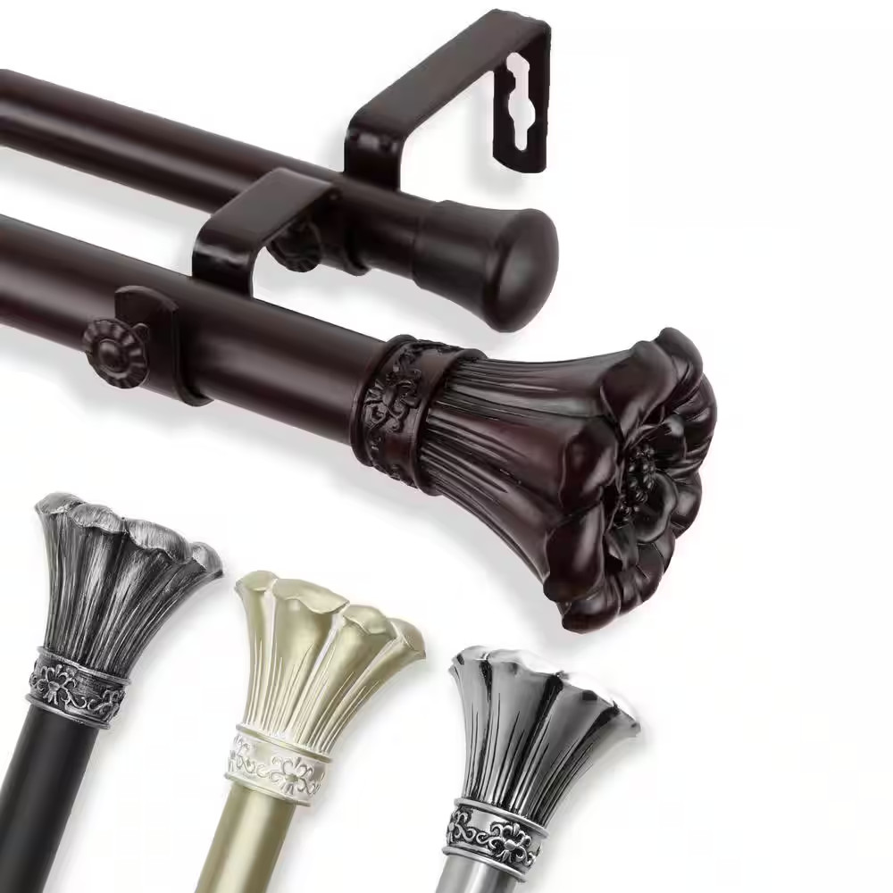 66 In. – 120 In. 1 In. Blossom Double Curtain Rod Set in Black