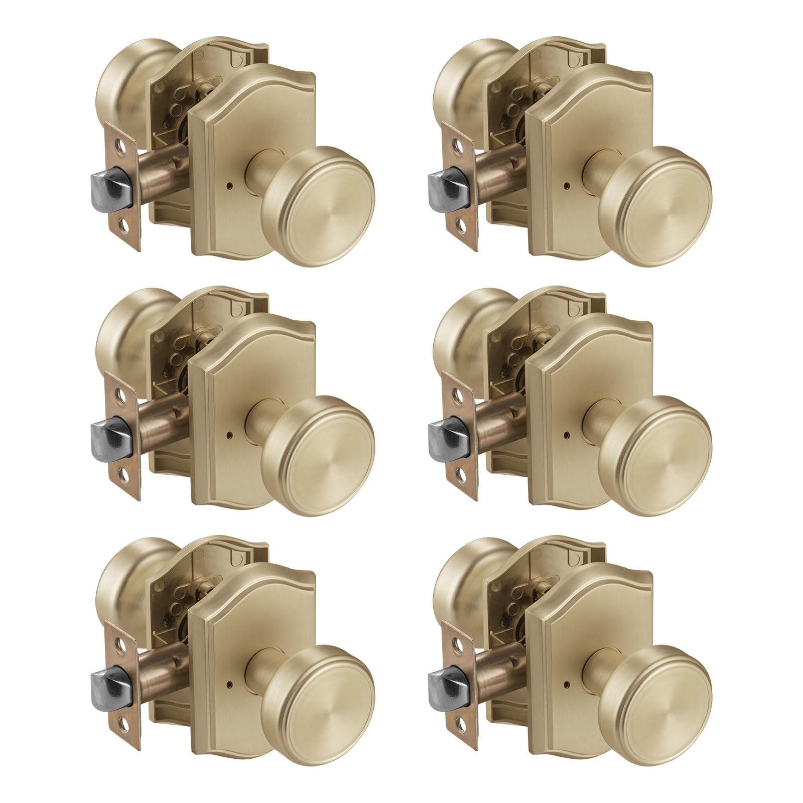 6 Pack Brushed Gold Door Knobs, Interior Pismo Doorknob with Camelot Trim, Sa…