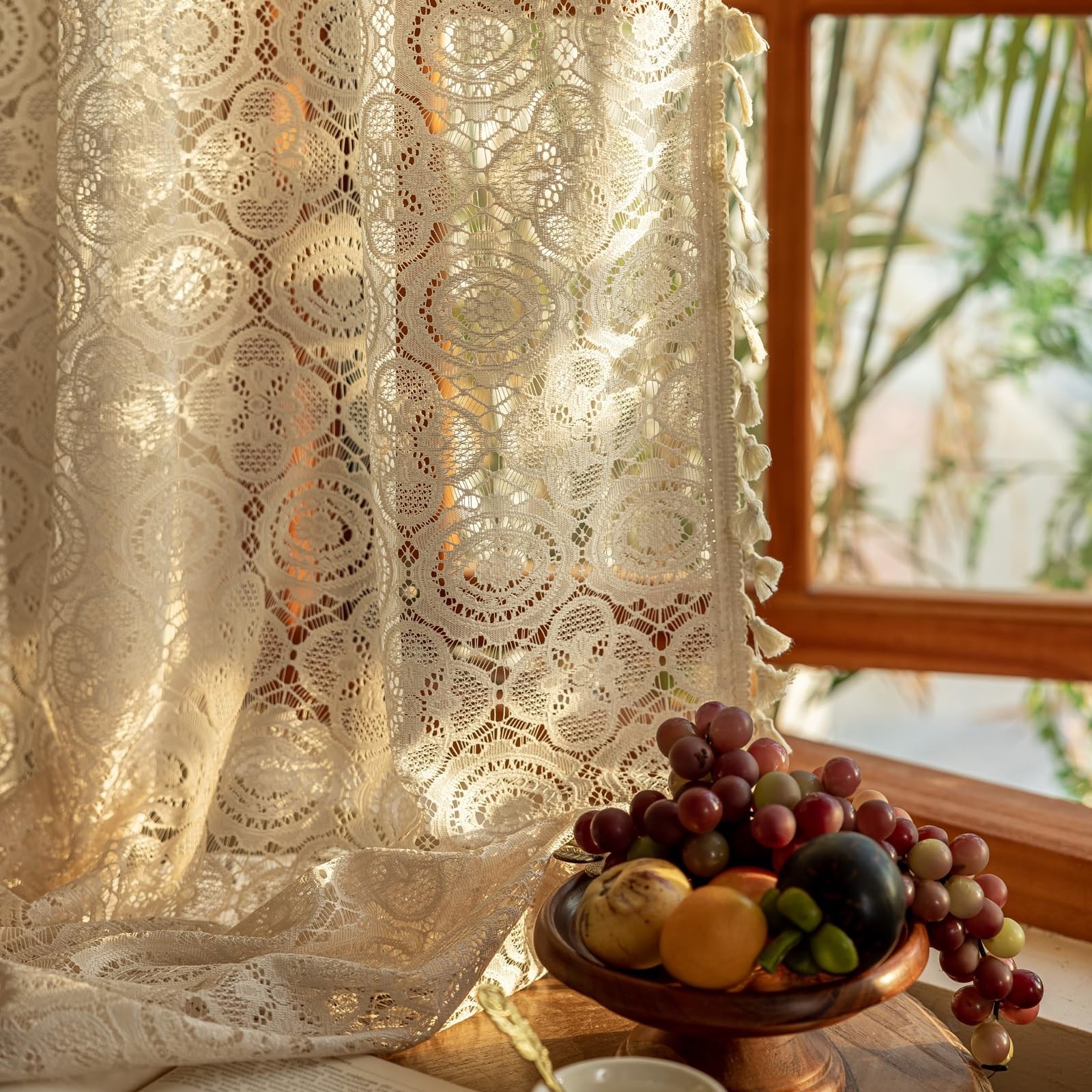 Boho Crochet Curtains with Tassel 63 Inch Length 2 Panel Sets Vintage Floral …