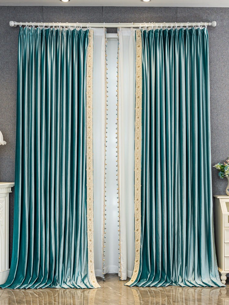 European costom velvet blue lace cloth window blackout curtain tulle M1854