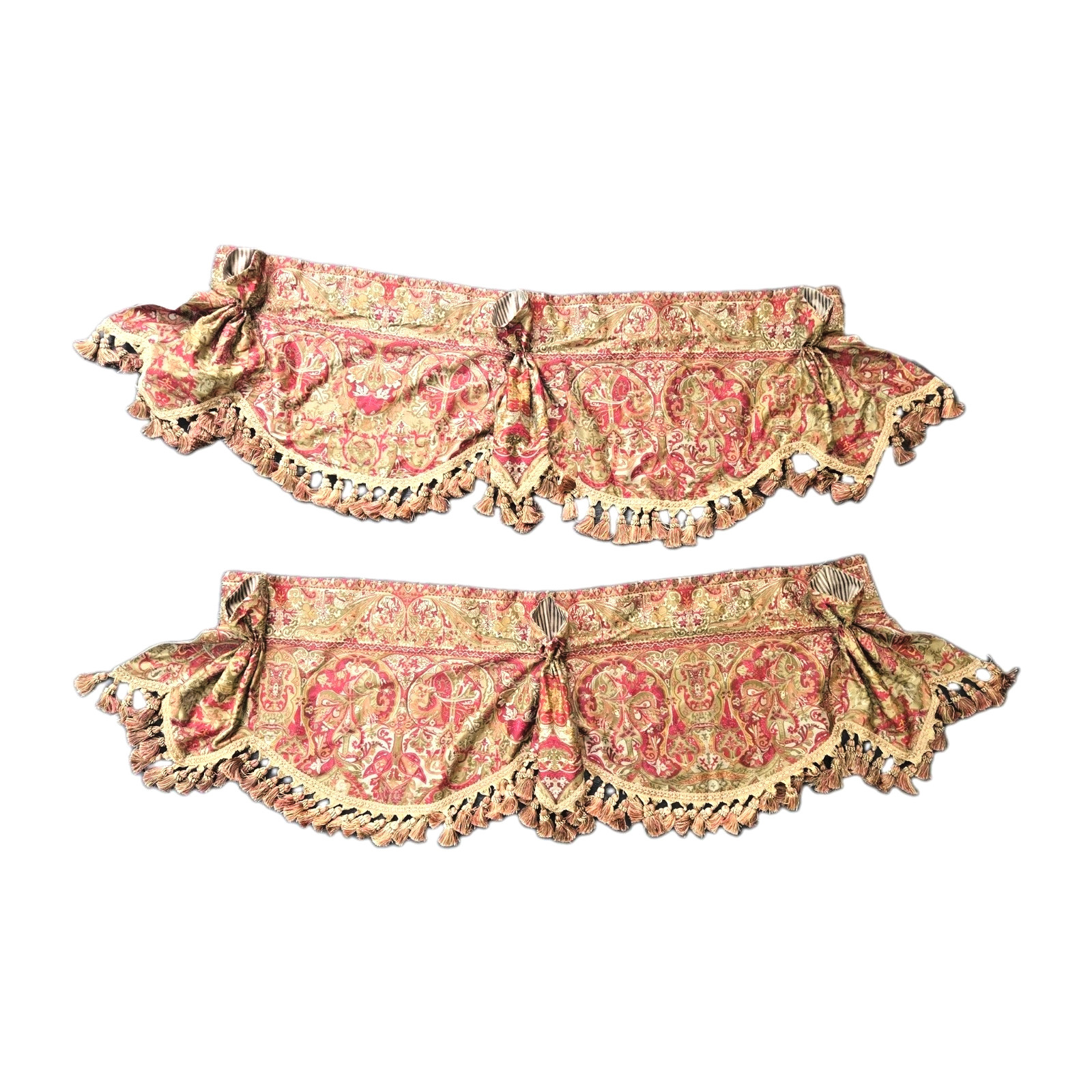 2 Swag Valances Floral Jacobean Green Red Fabric Fringe Trim 46×18 Ralph Lauren?