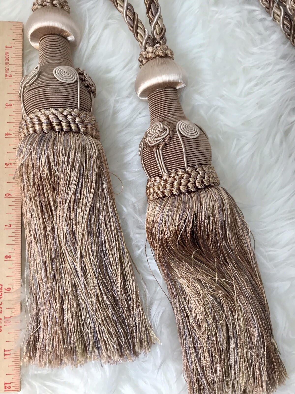 2 Huge Tassels Drapery Tiebacks 11″ Curtain Ornate Bronze Gold Metallic Satin