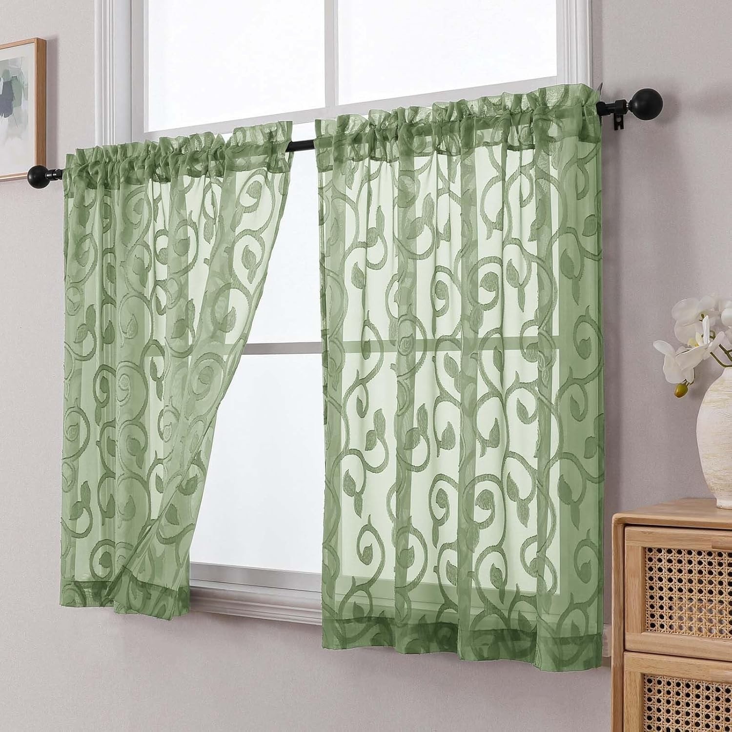 Light Filtering Sage Green Window Curtains Set – 2 Panels 24″ Length, 42″ Width