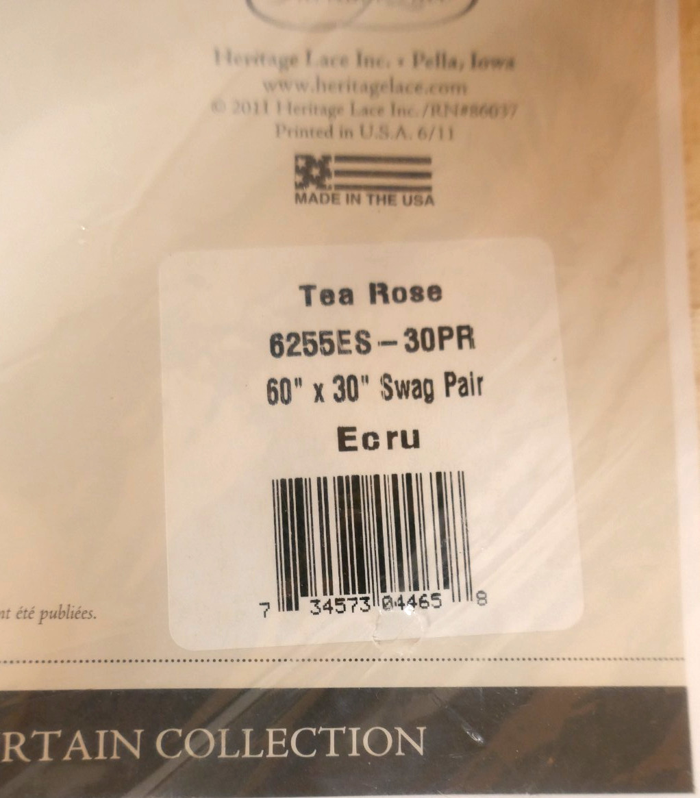 New In Package! Heritage Lace «Tea Rose» Pattern 60″ X 30″ Swag Pair-Ecru Color