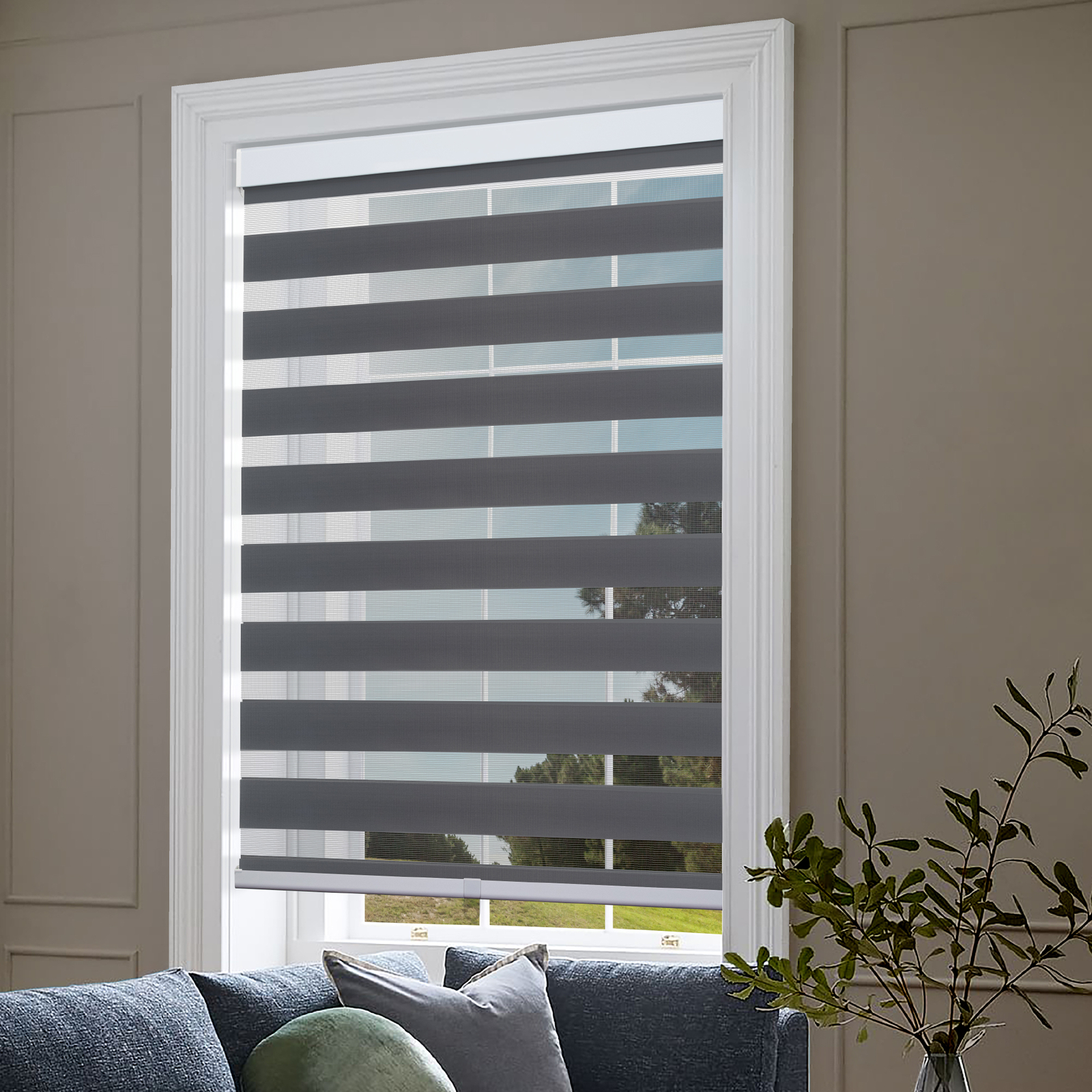 Cordless, Gray, Roller Shades Free-Stop Dual Layer Window Blinds – 47″x72″