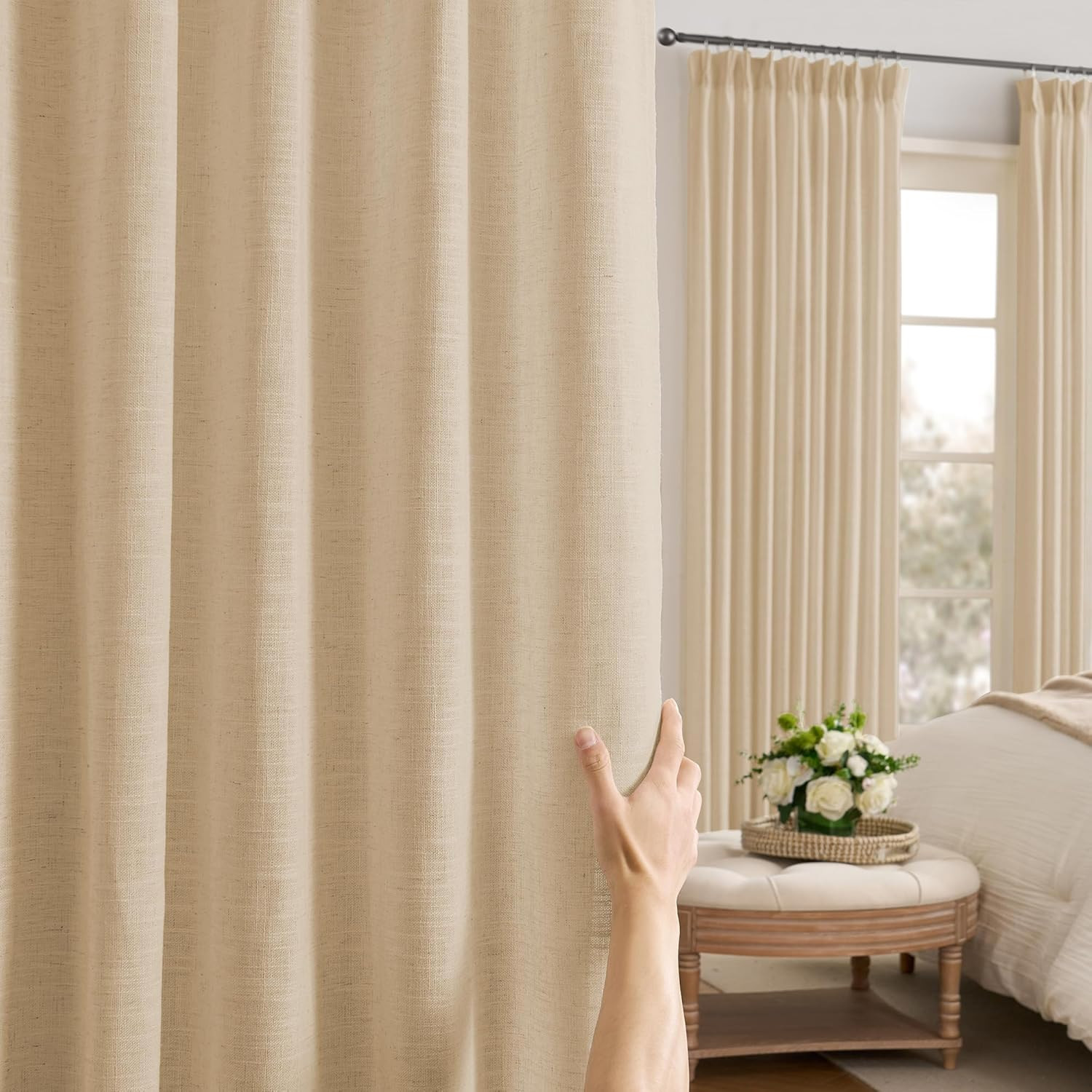Khaki Linen Pinch Pleated Curtains 96″ Long, 2 Panels for Living Room