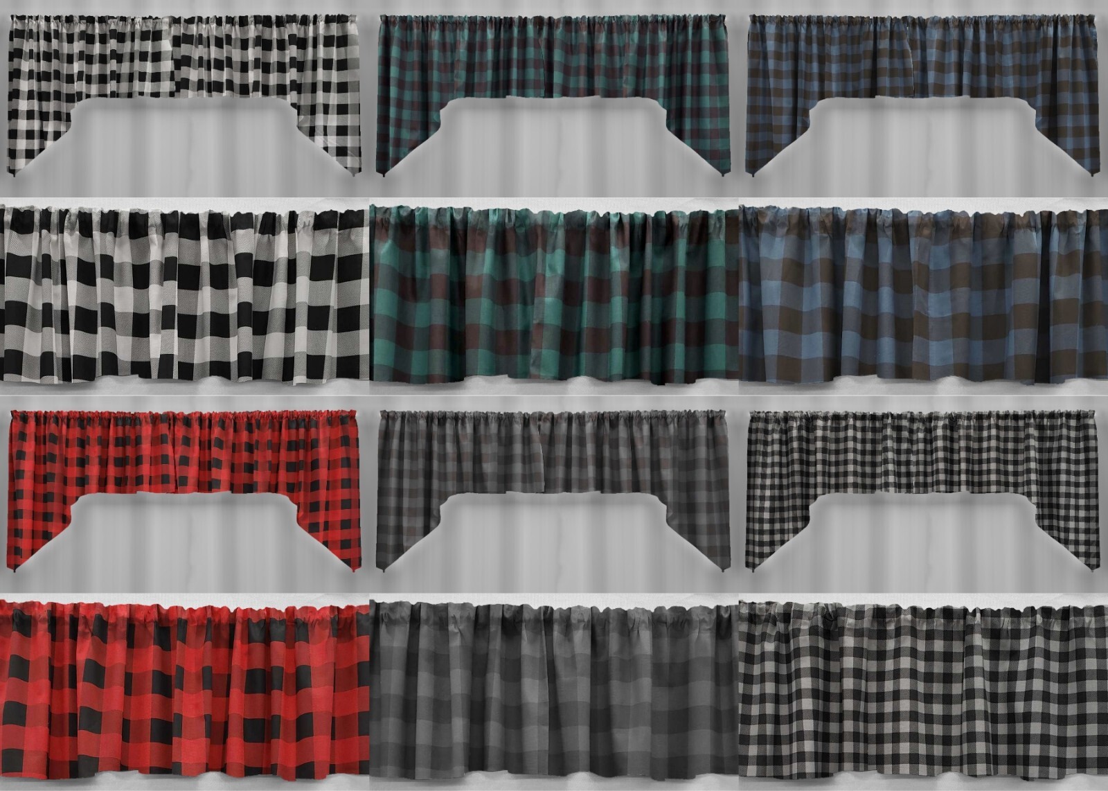 Buffalo Check Plaid Valances, Curtains or Swags (6 Colors Available)
