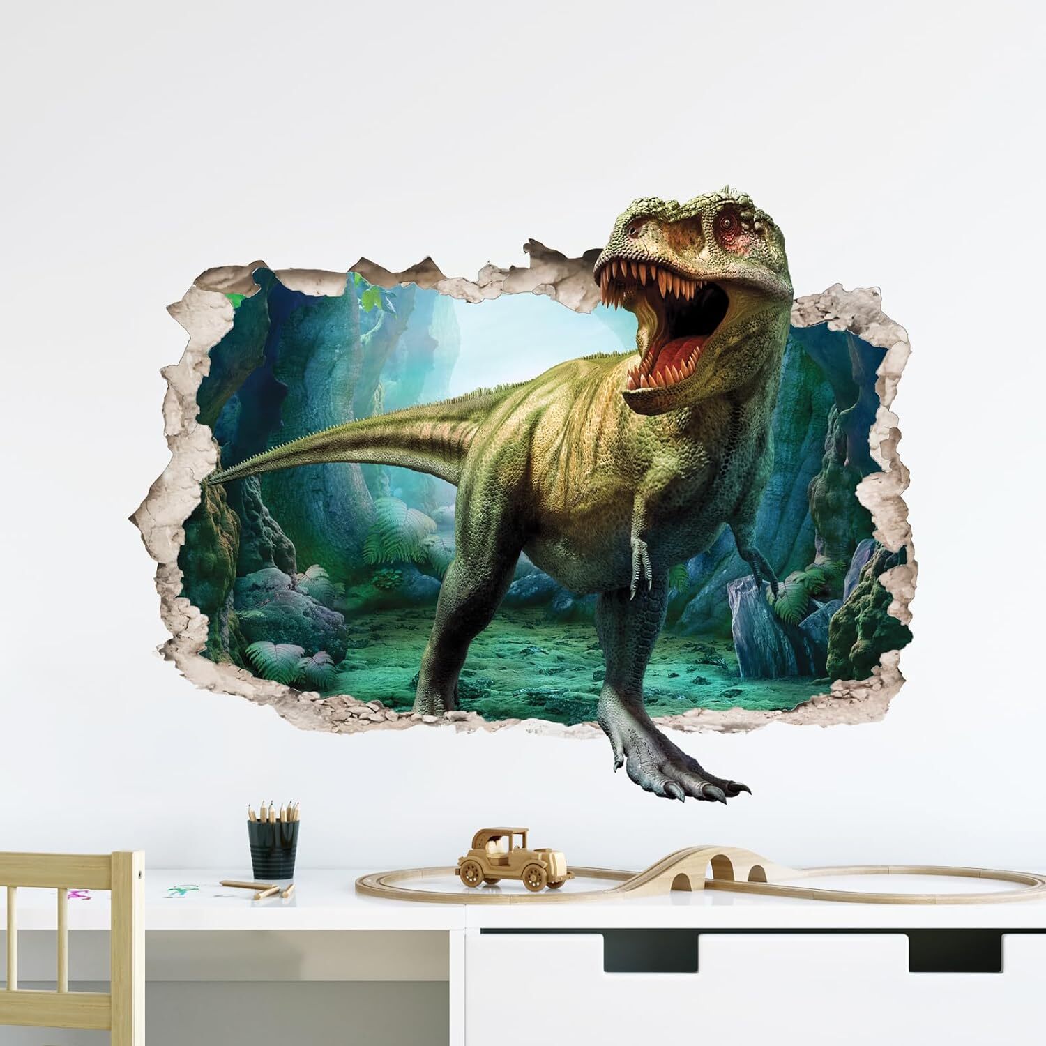 Supzone Large 3D Broken Dinosaur Wall Decals for Boys Room, Multi-colored
