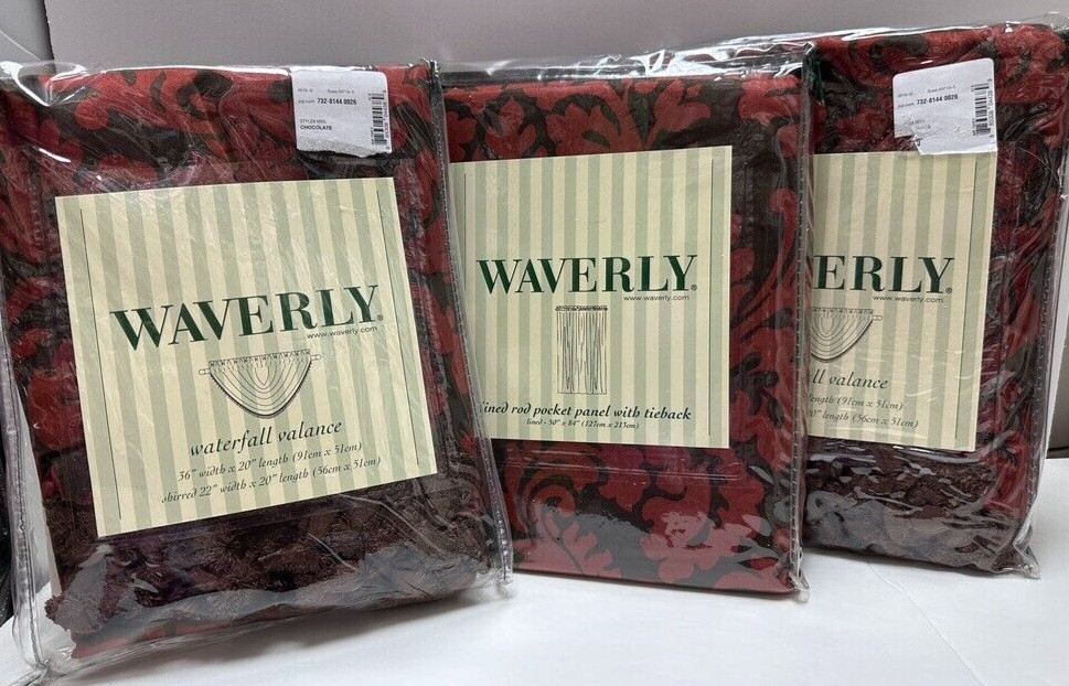 New 3PC SET Waverly MUSE ANTIQUE RED CHOCOLATE Brown Waterfall Valances w/PANEL