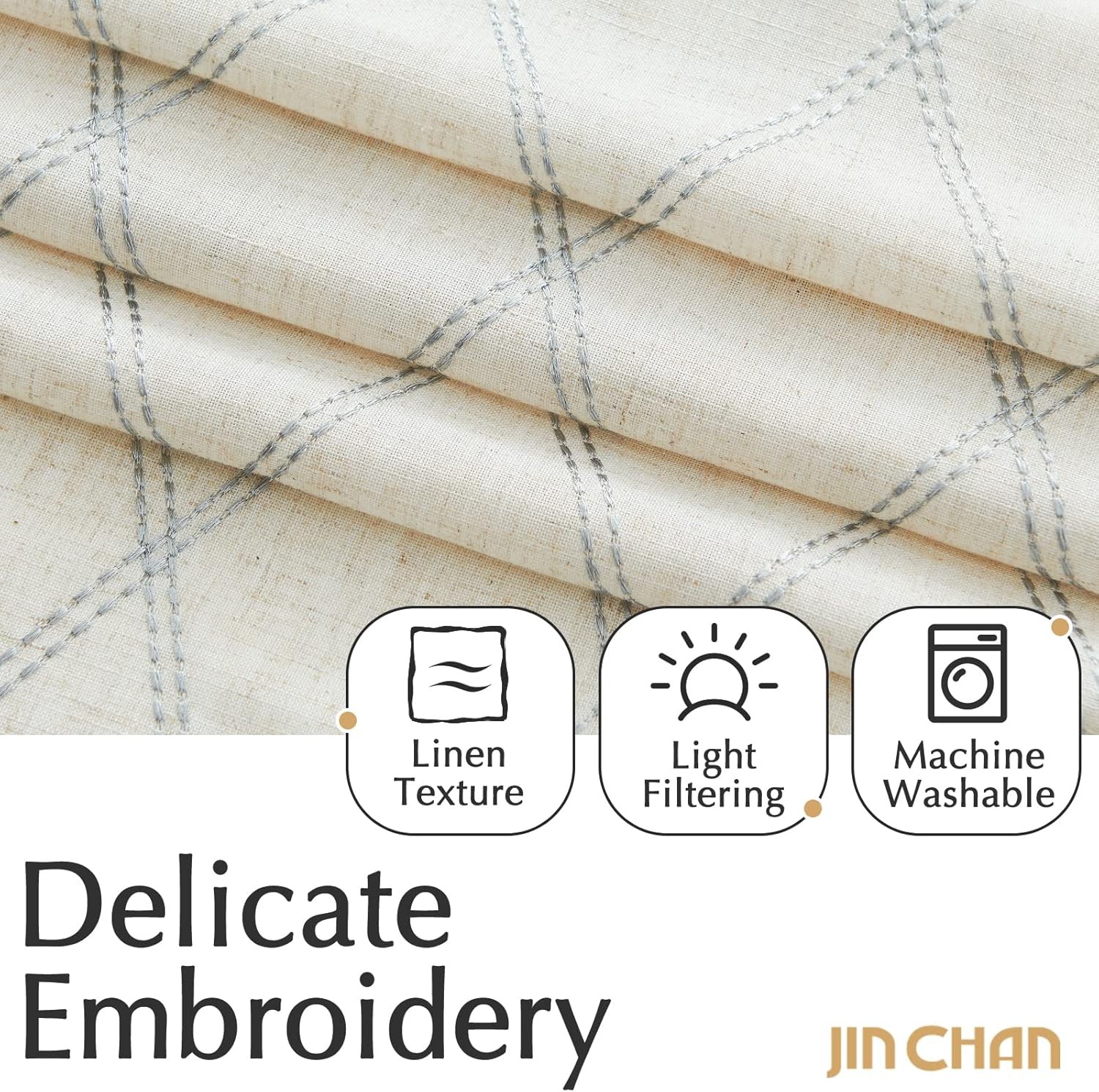 Embroidered Linen Curtains 2 Panels Boho Sheer Rod Grommets for Living Room